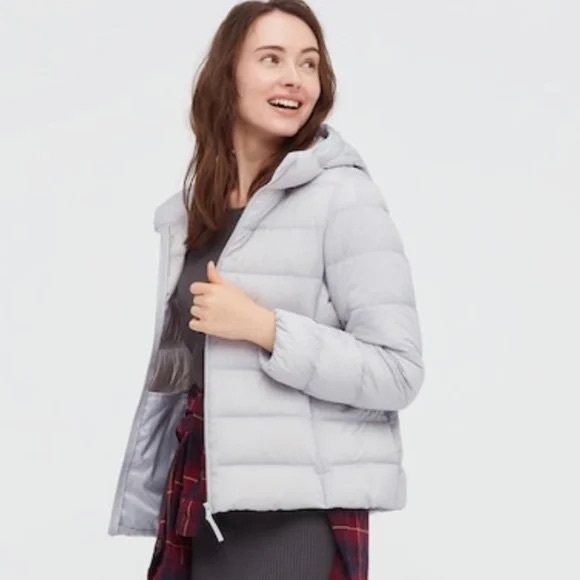 Ultra Light Down Seamless Parka Jacket Light Gray Silver Hooded Zipped Pockets S - Picture 11 of 16